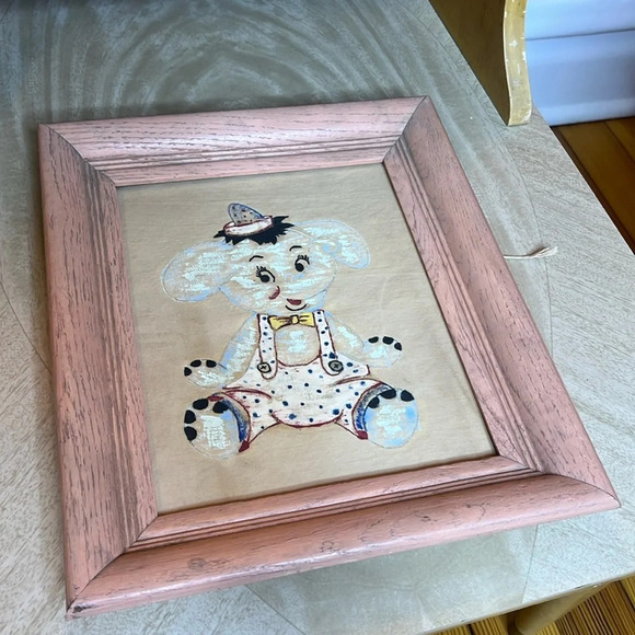 Vintage 50s Children’s Bedroom Decor Painted Framed Canvas Bunnies & Elephants - Picture 3 of 9